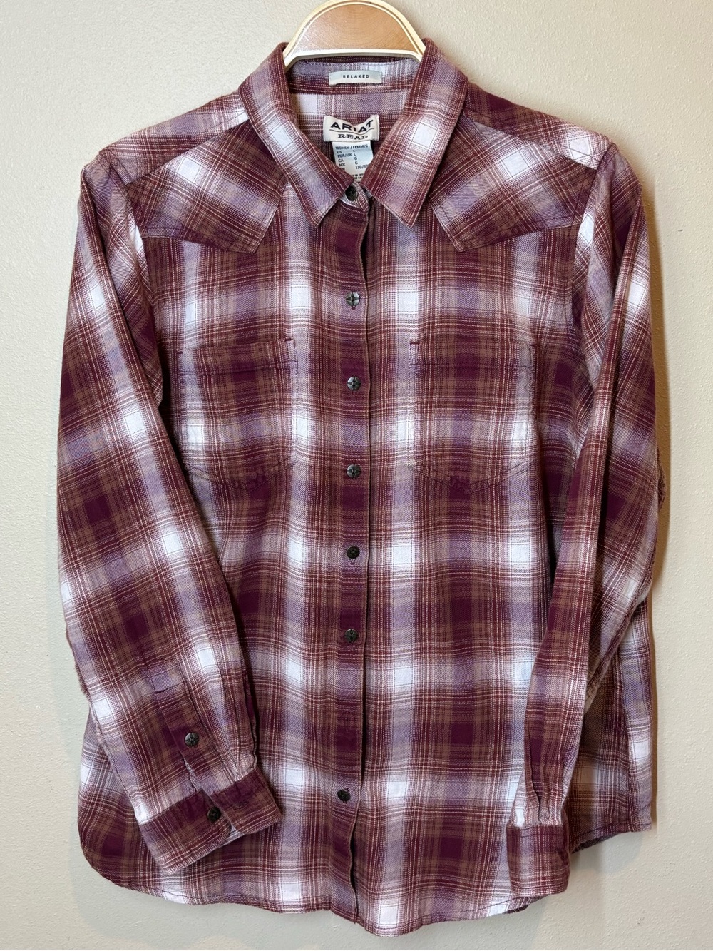 Ariat Real Women’s Relaxed Burgundy and White Plaid Button-Down Shirt, large